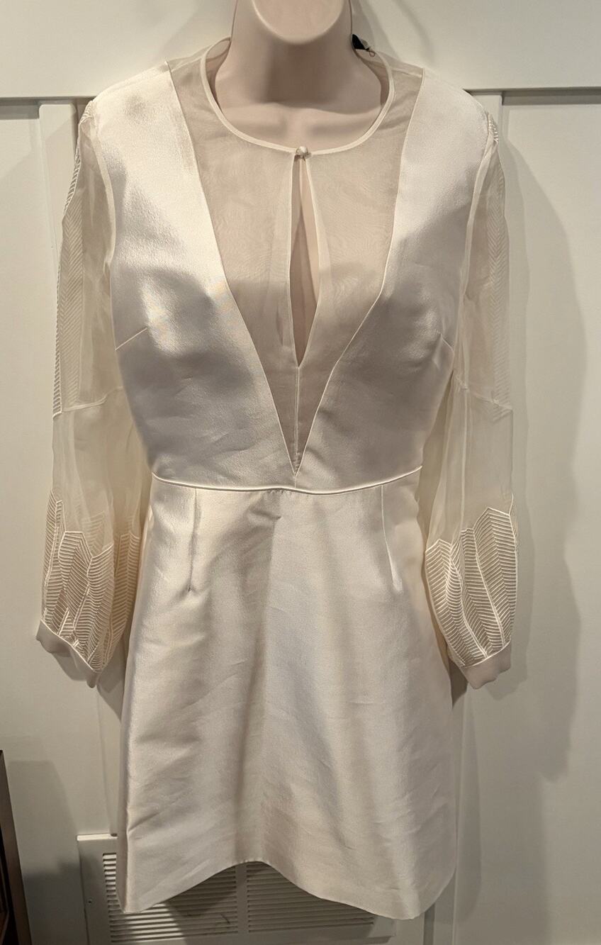 Gabriela Hearst Ivory Silk Wool Satin A-Line Sheer Round Neck Dress Size 2